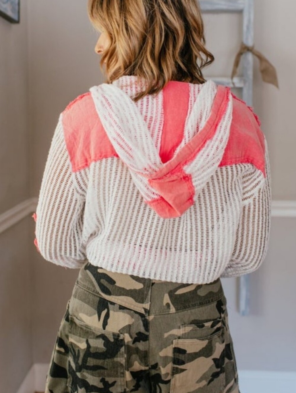 POL Pink and White Open Knit Button-Front Hooded Cotton Shirt NEW - Picture 7 of 8
